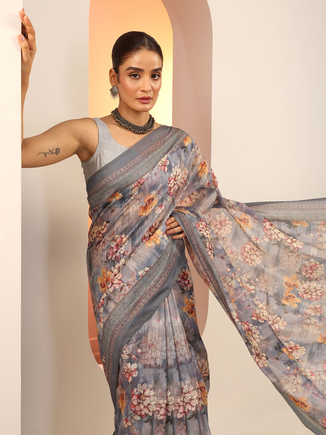  Blue Printed Silk Saree With Unstitched Blouse Piece 