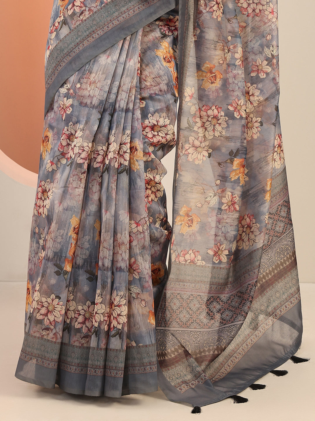  Blue Printed Silk Saree With Unstitched Blouse Piece 