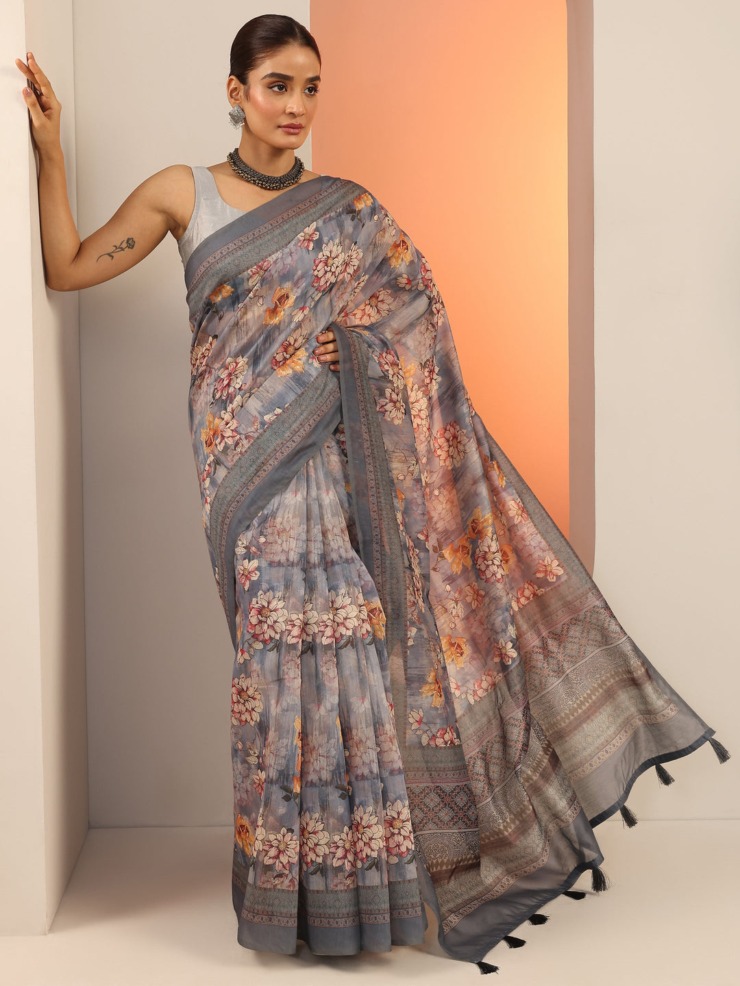  Blue Printed Silk Saree With Unstitched Blouse Piece 