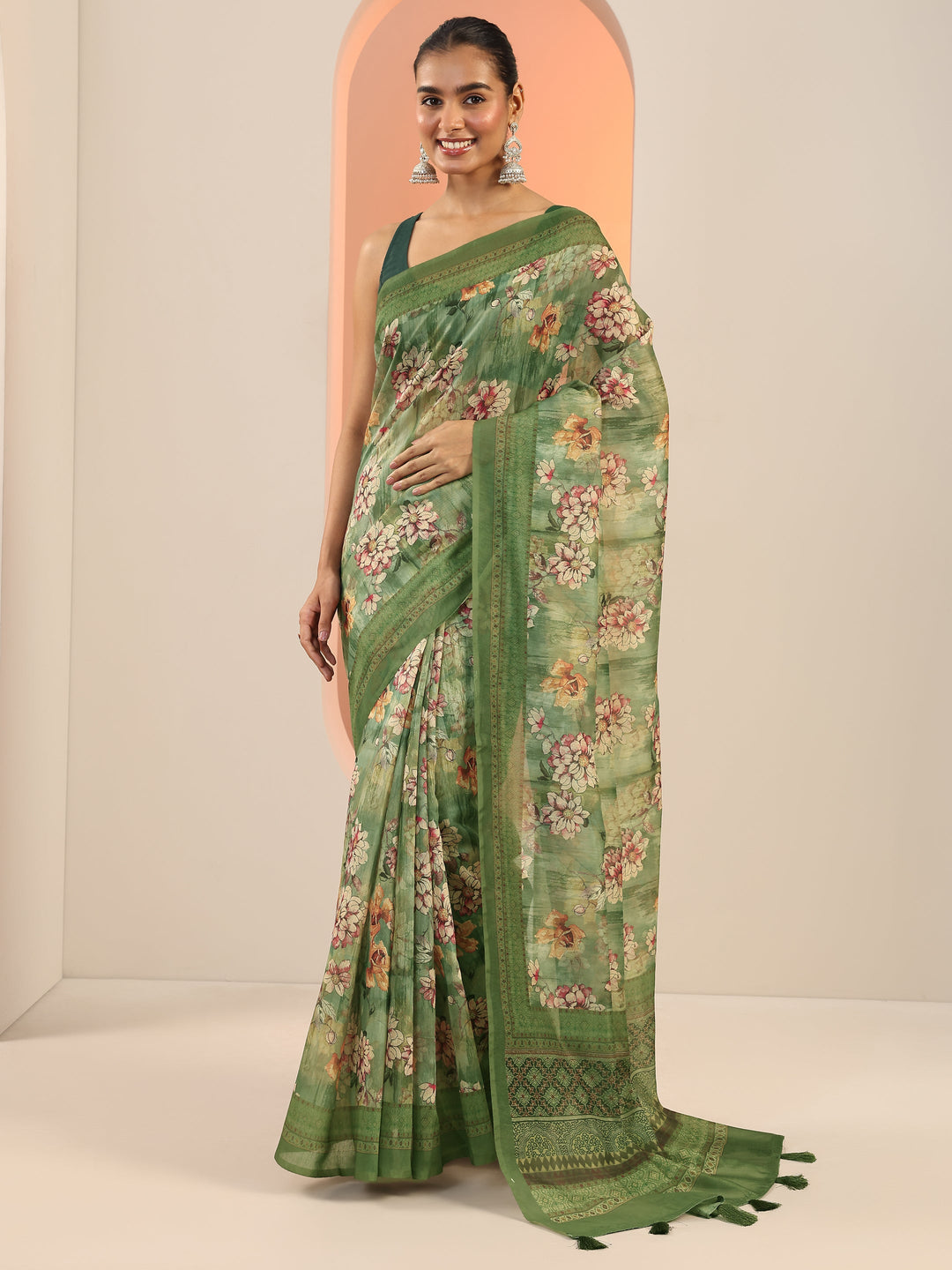 Green Printed Silk Saree With Unstitched Blouse Piece 
