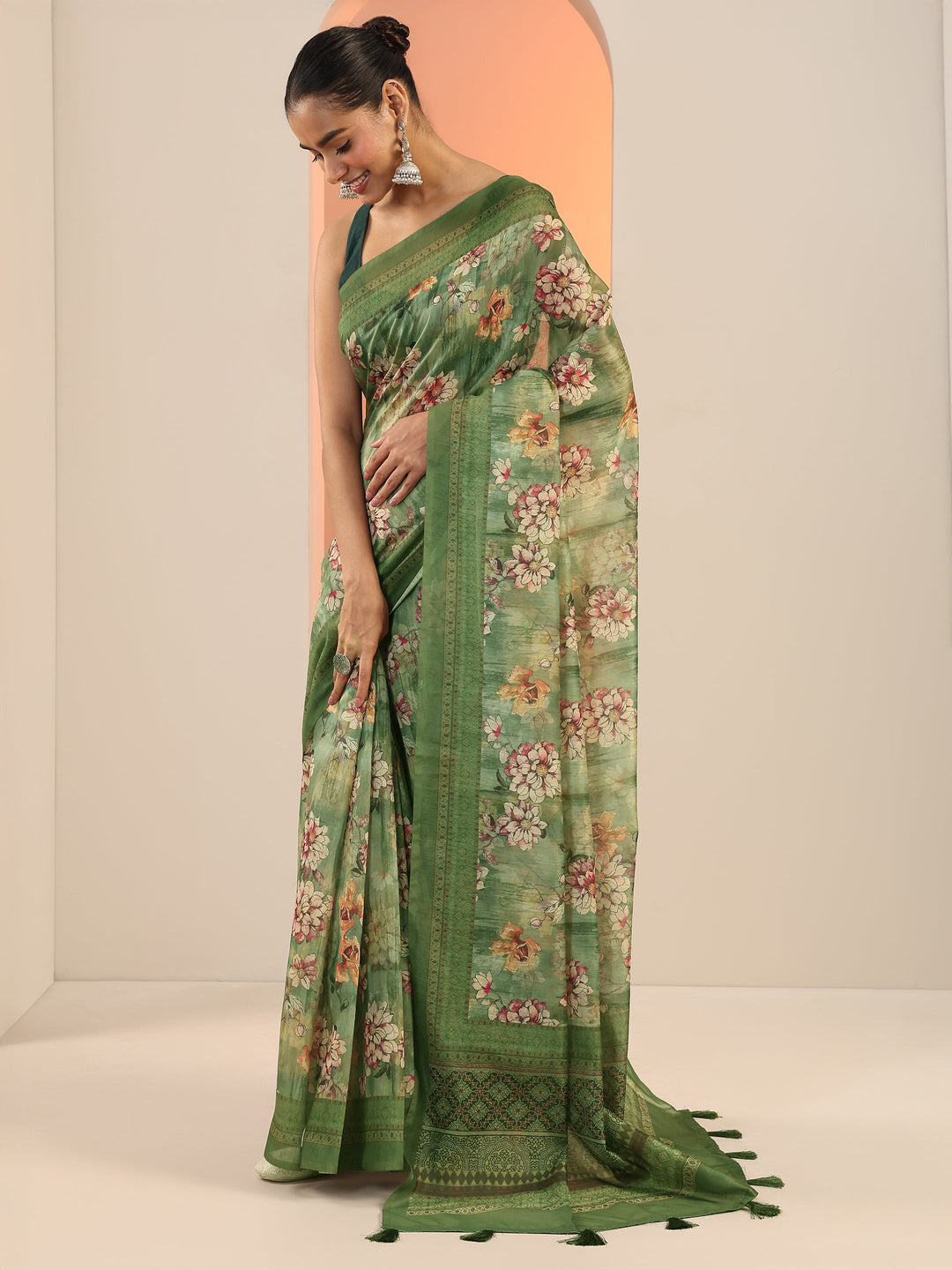  Green Printed Silk Saree With Unstitched Blouse Piece 