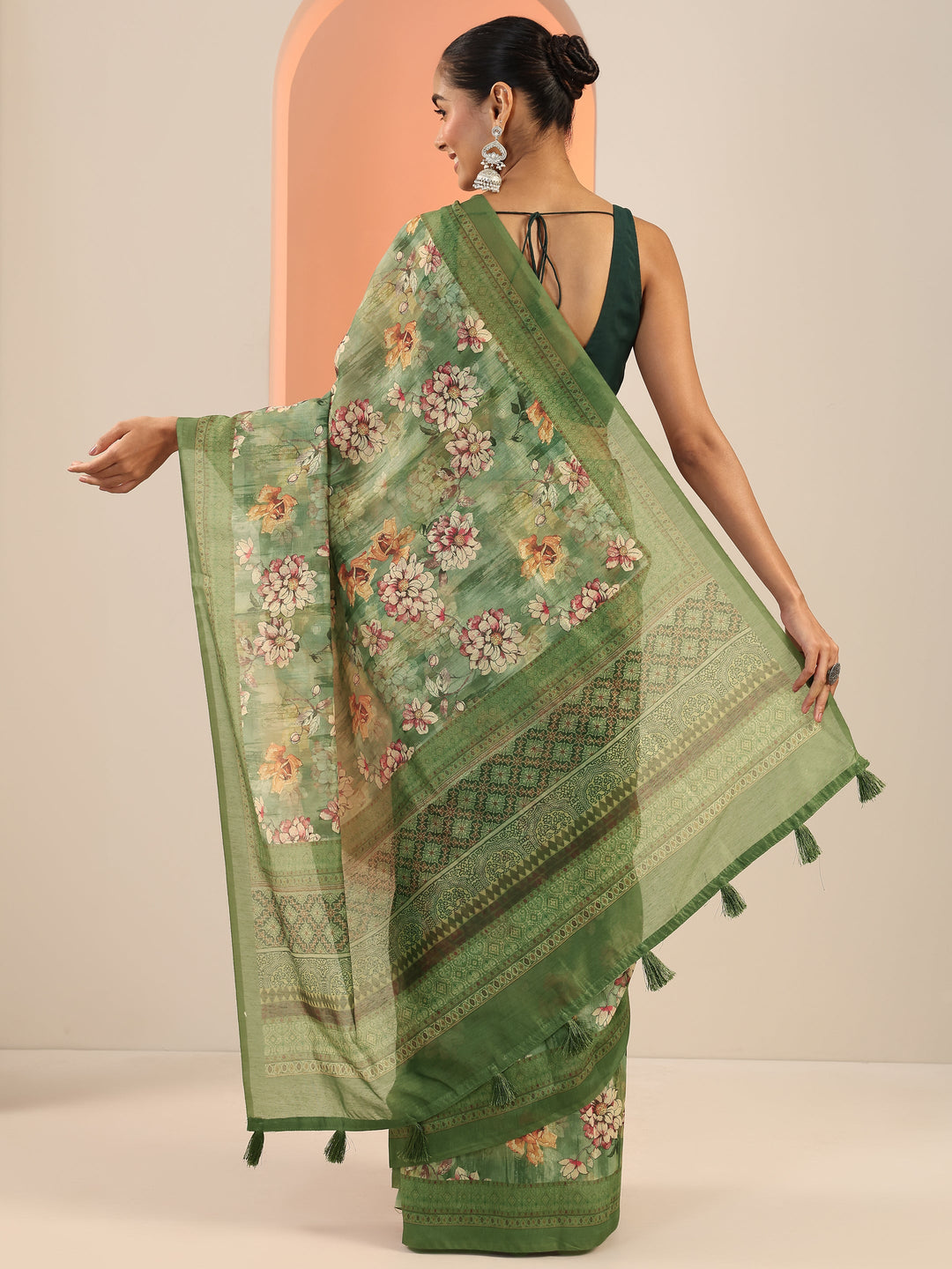  Green Printed Silk Saree With Unstitched Blouse Piece 