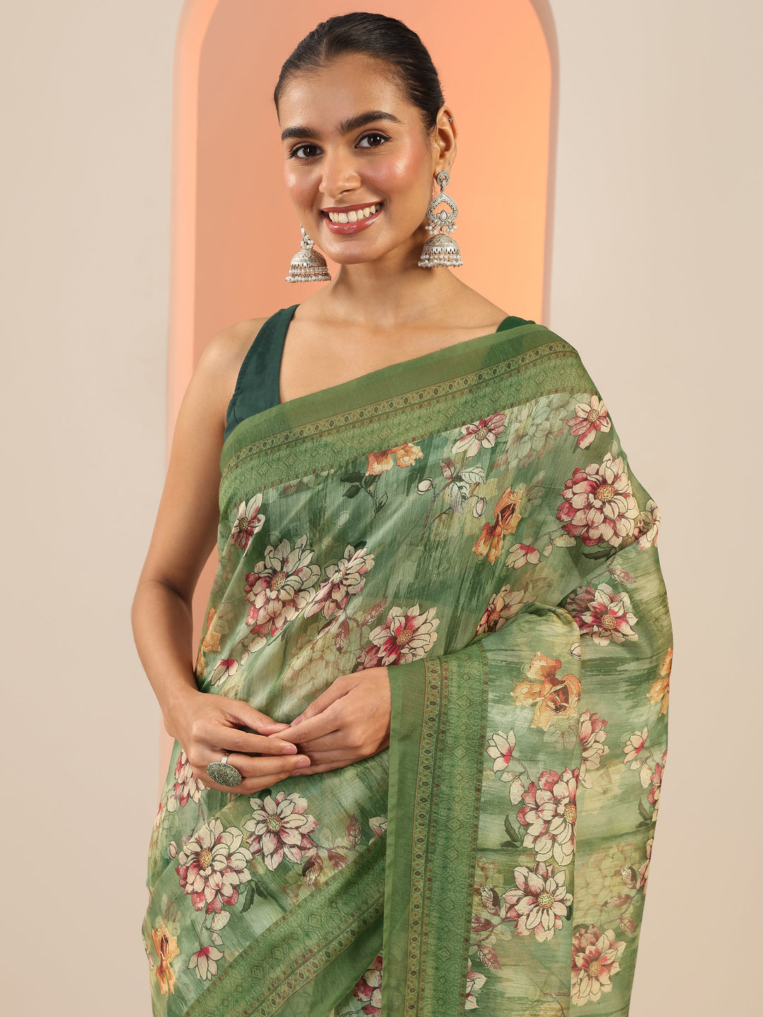  Green Printed Silk Saree With Unstitched Blouse Piece 