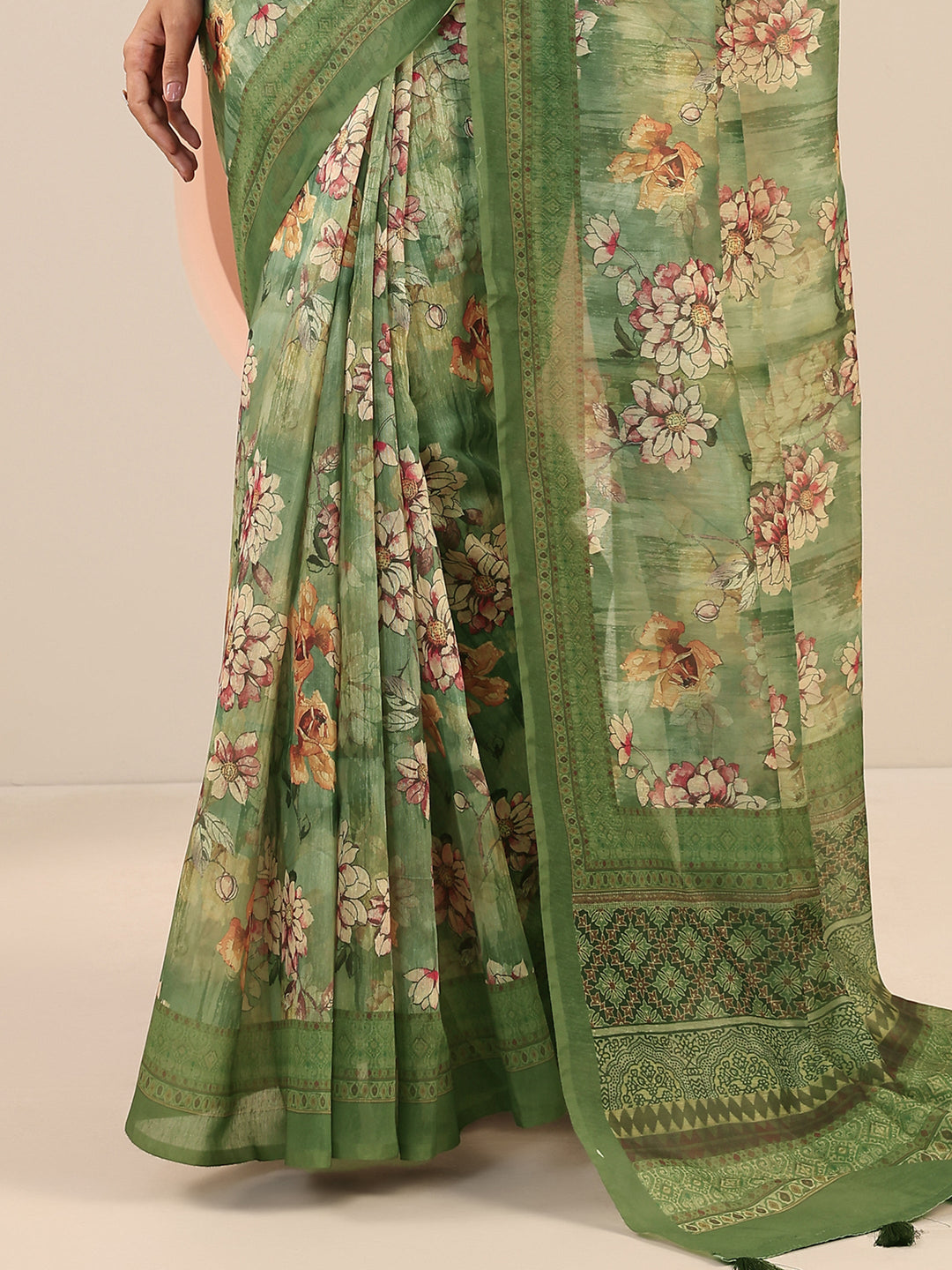  Green Printed Silk Saree With Unstitched Blouse Piece 