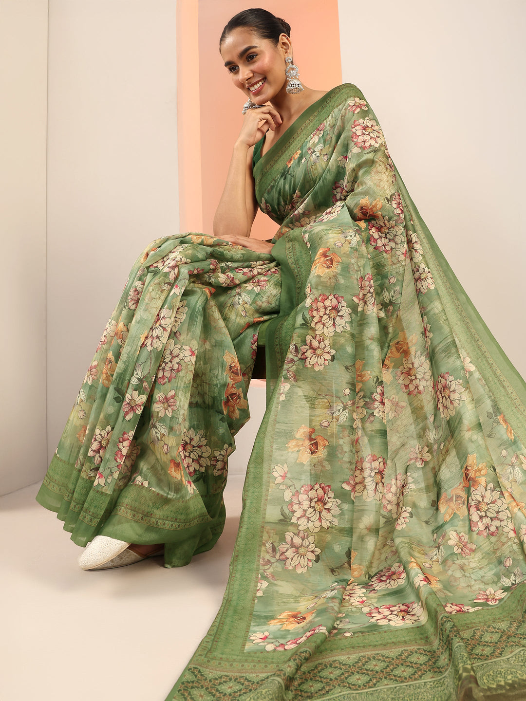  Green Printed Silk Saree With Unstitched Blouse Piece 