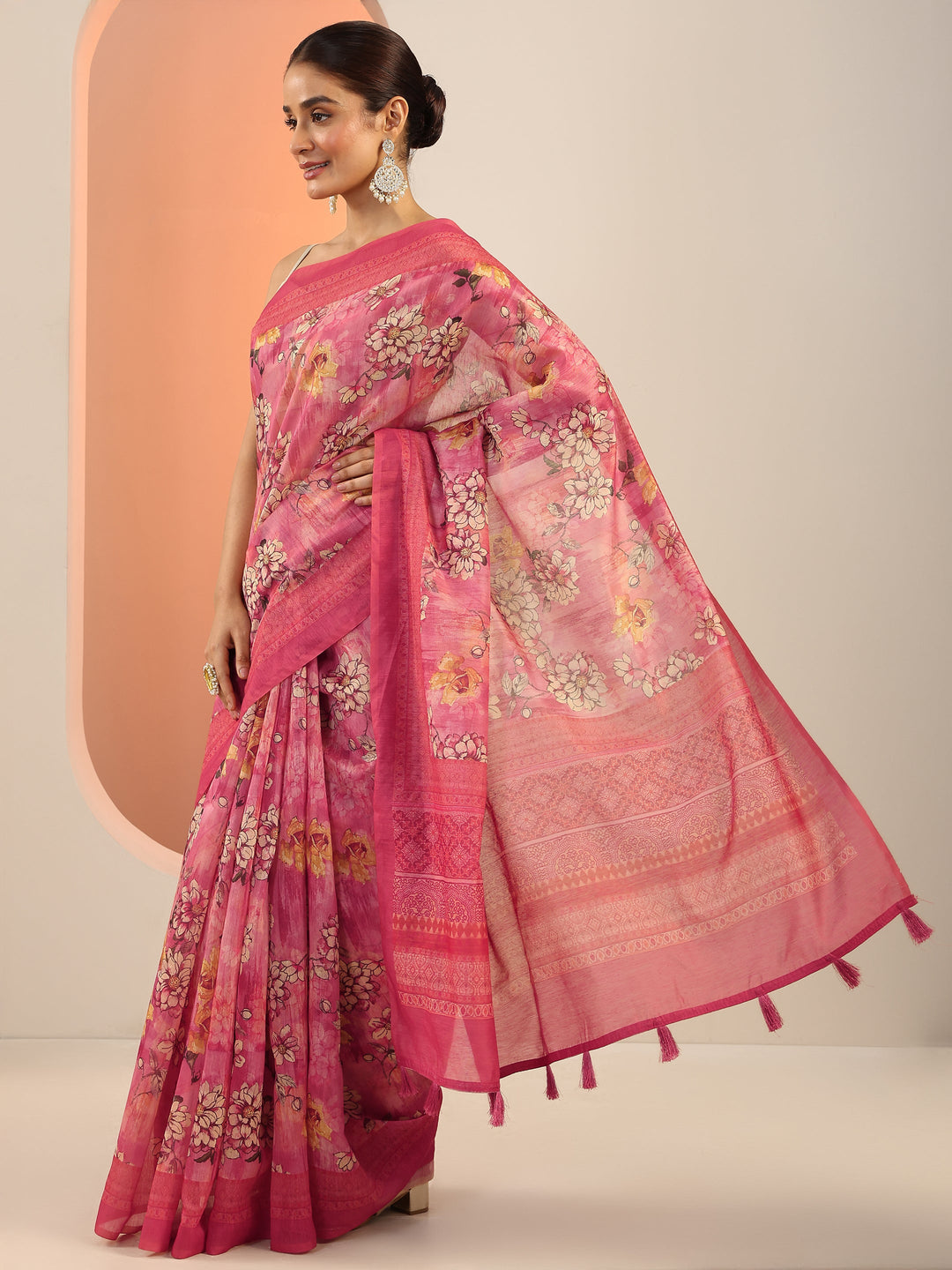  Pink Printed Silk Saree With Unstitched Blouse Piece 