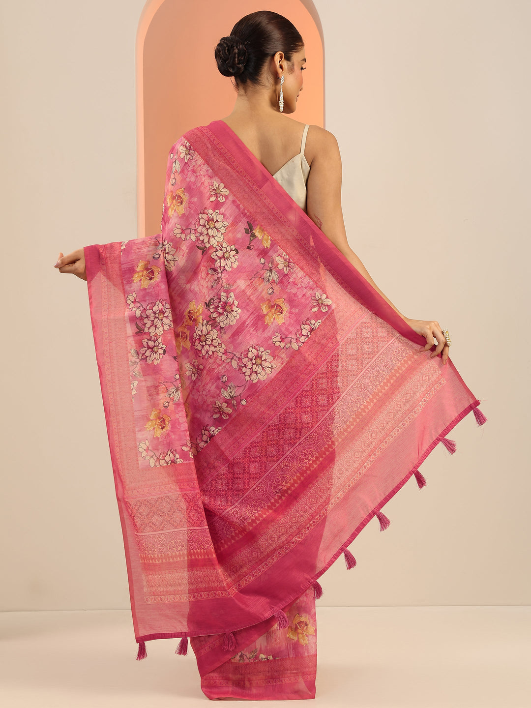  Pink Printed Silk Saree With Unstitched Blouse Piece 