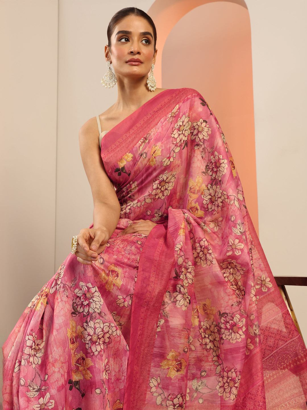  Pink Printed Silk Saree With Unstitched Blouse Piece 