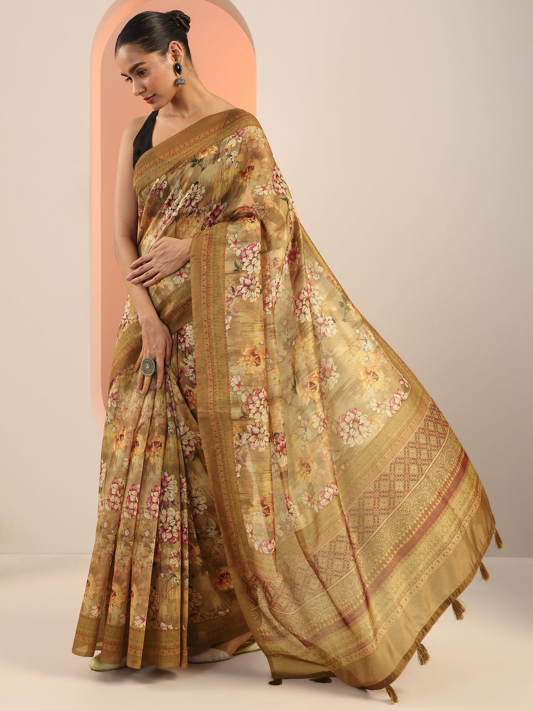  Mustard Printed Silk Saree With Unstitched Blouse Piece 