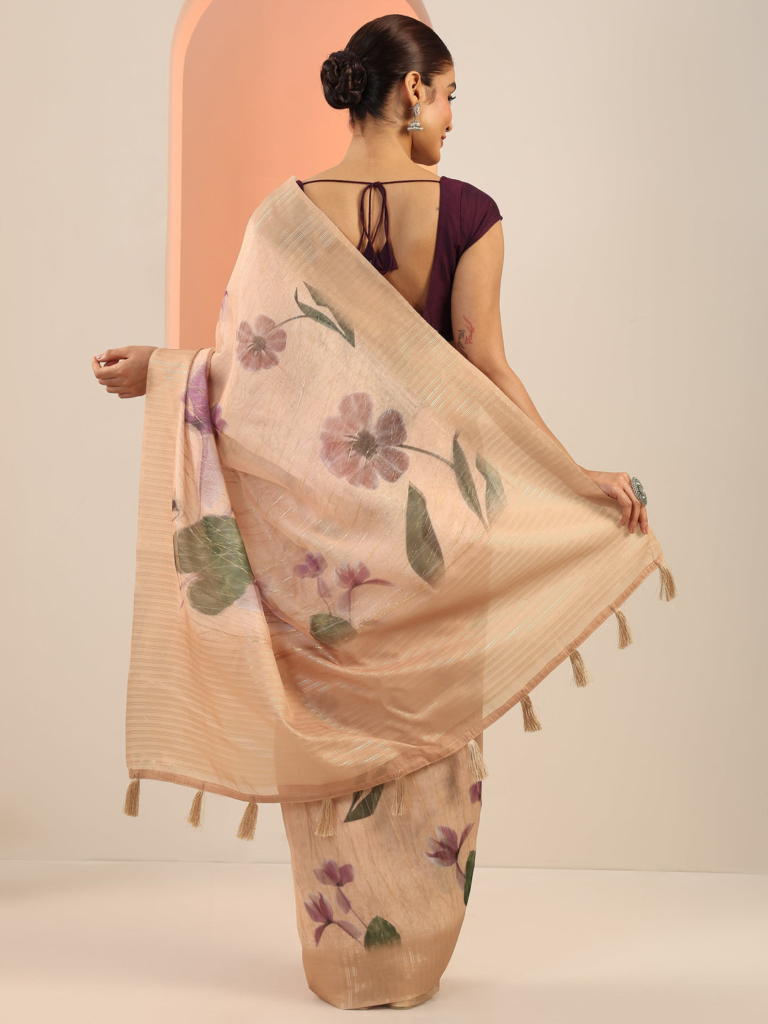 Peach Printed Silk Saree With Unstitched Blouse Piece 