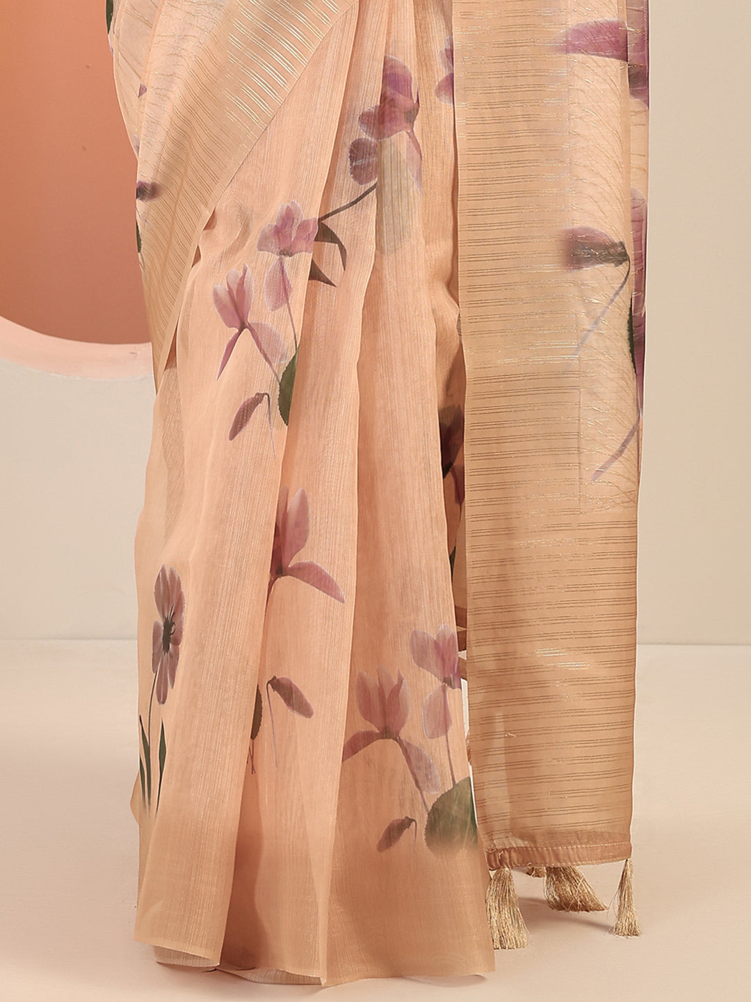  Peach Printed Silk Saree With Unstitched Blouse Piece 