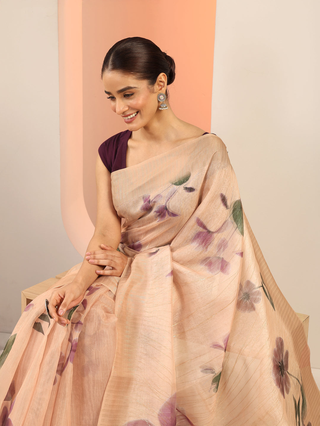  Peach Printed Silk Saree With Unstitched Blouse Piece 
