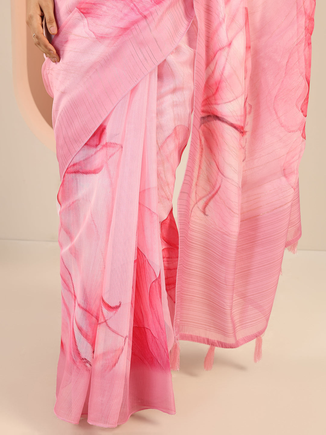  Pink Printed Silk Saree With Unstitched Blouse Piece 