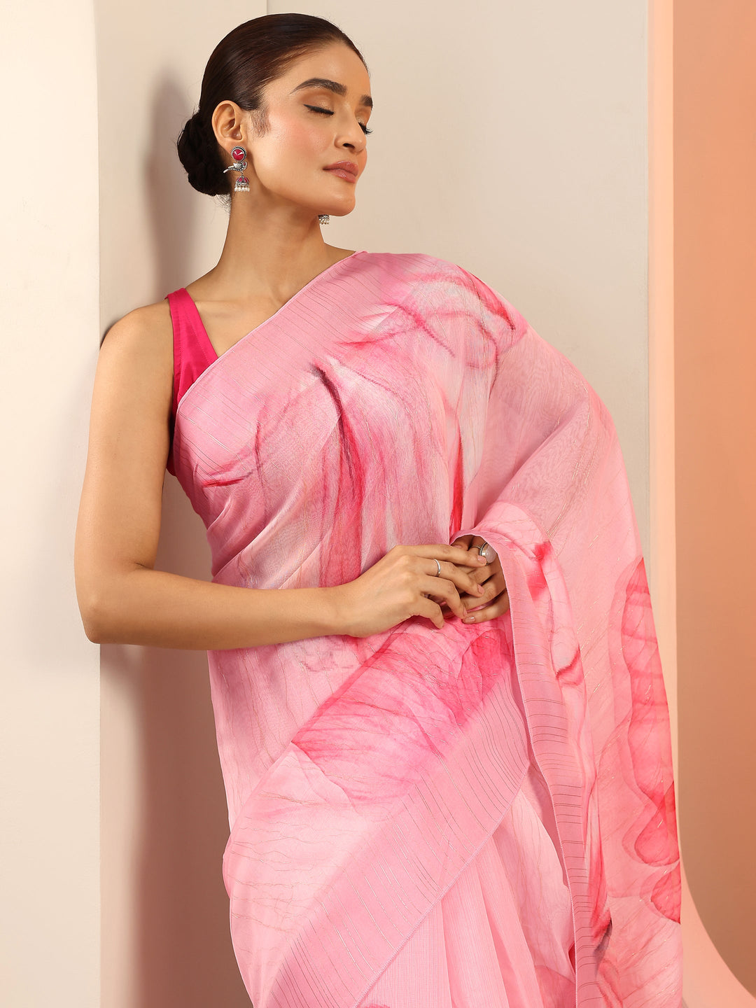  Pink Printed Silk Saree With Unstitched Blouse Piece 