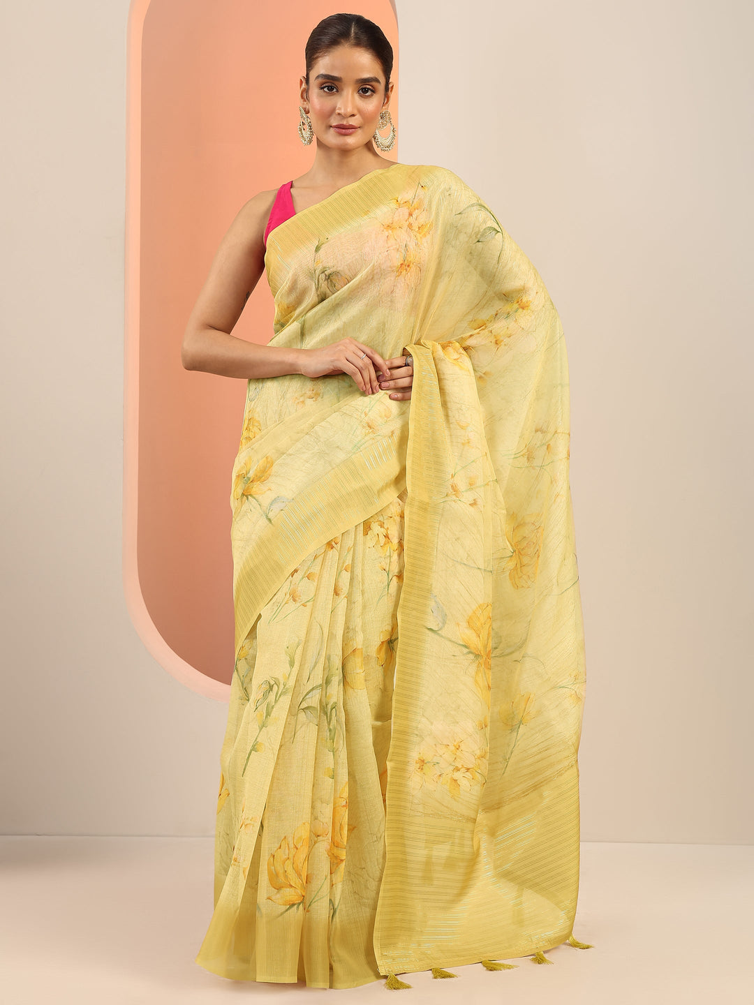  Yellow Printed Organza Saree With Unstitched Blouse Piece 