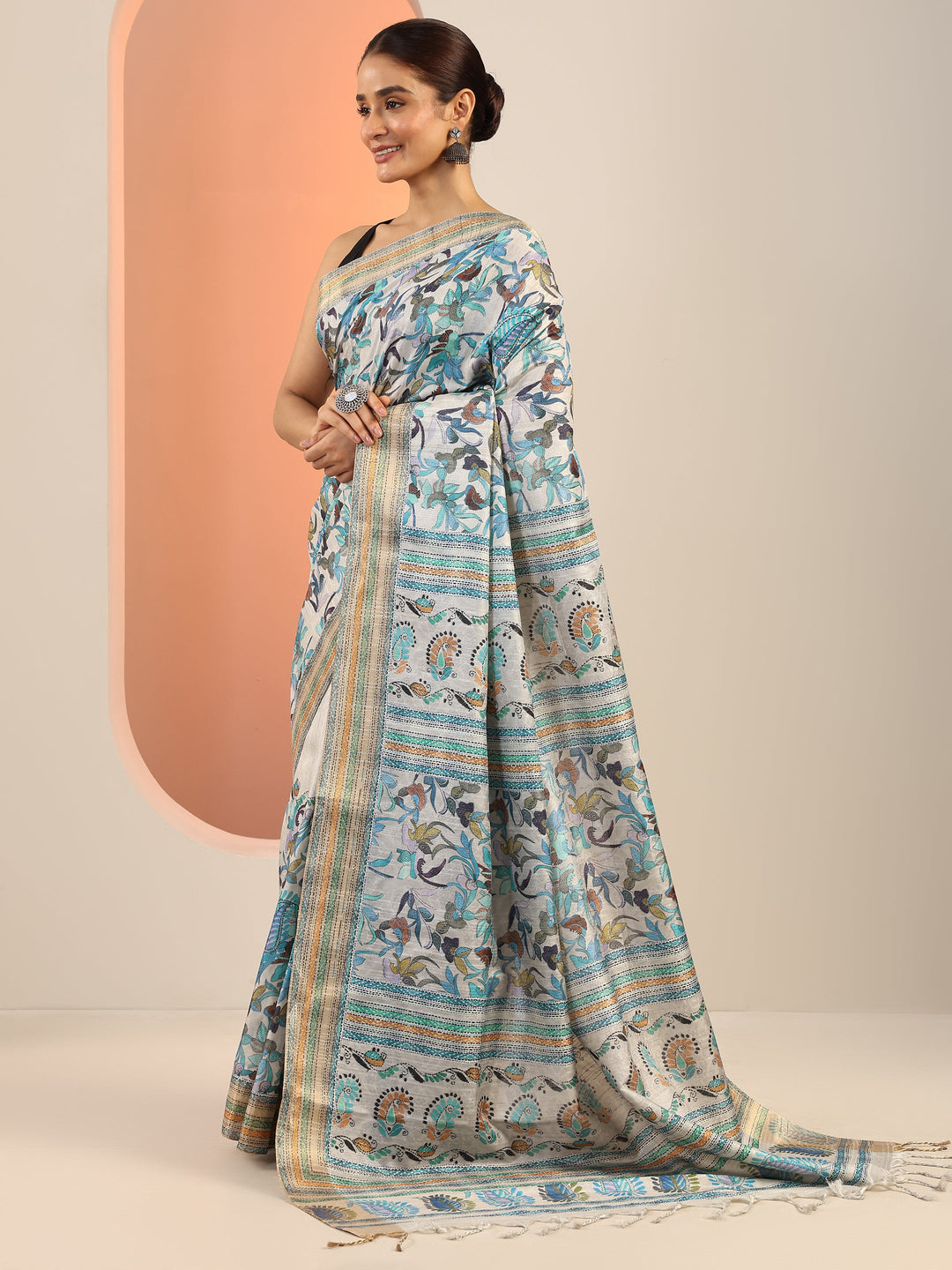  Grey Printed Silk Saree With Unstitched Blouse Piece 