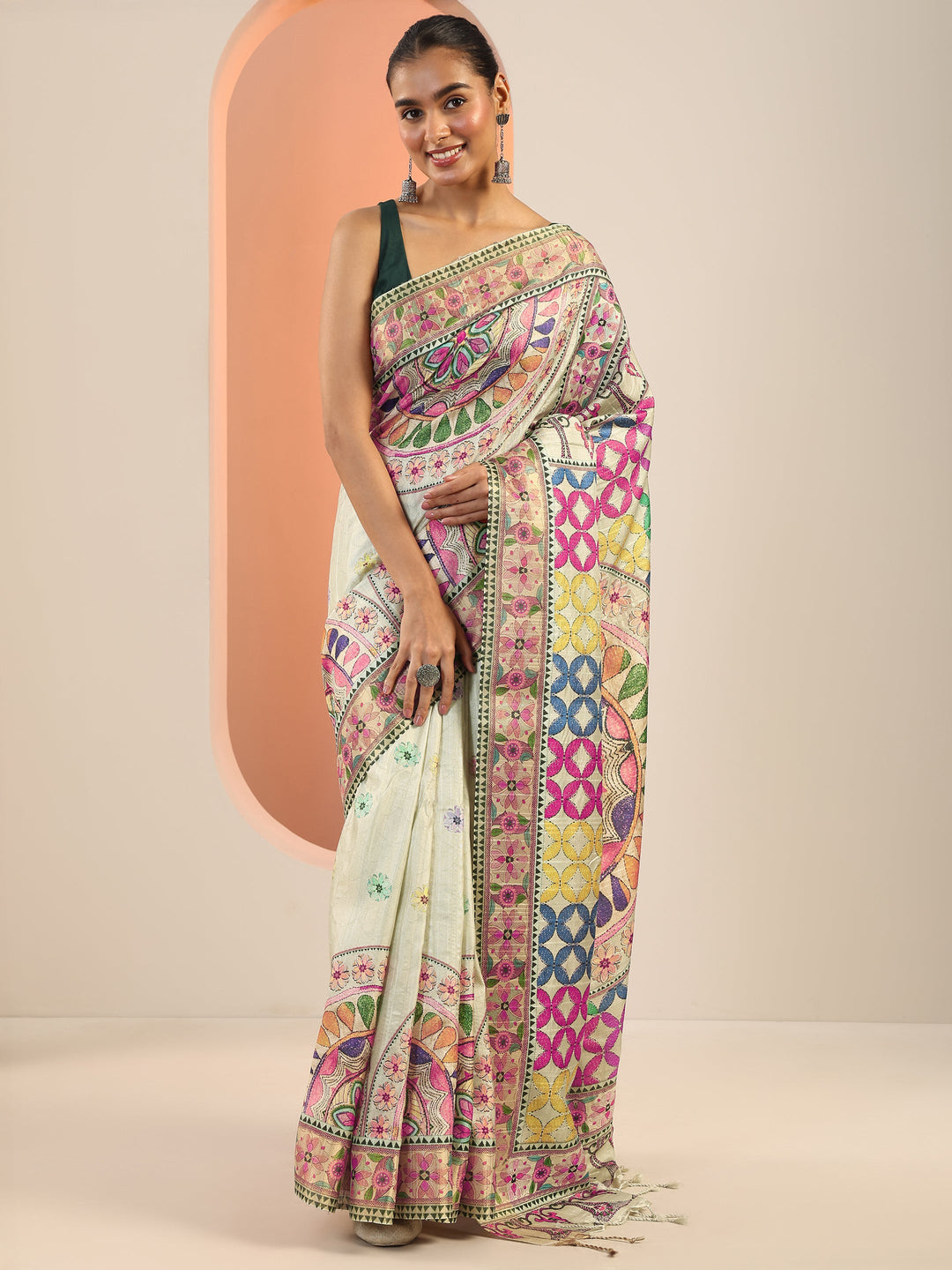  Multi Printed Silk Saree With Unstitched Blouse Piece 