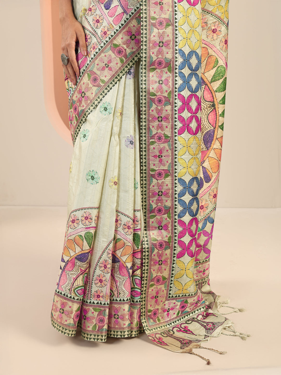  Multi Printed Silk Saree With Unstitched Blouse Piece 