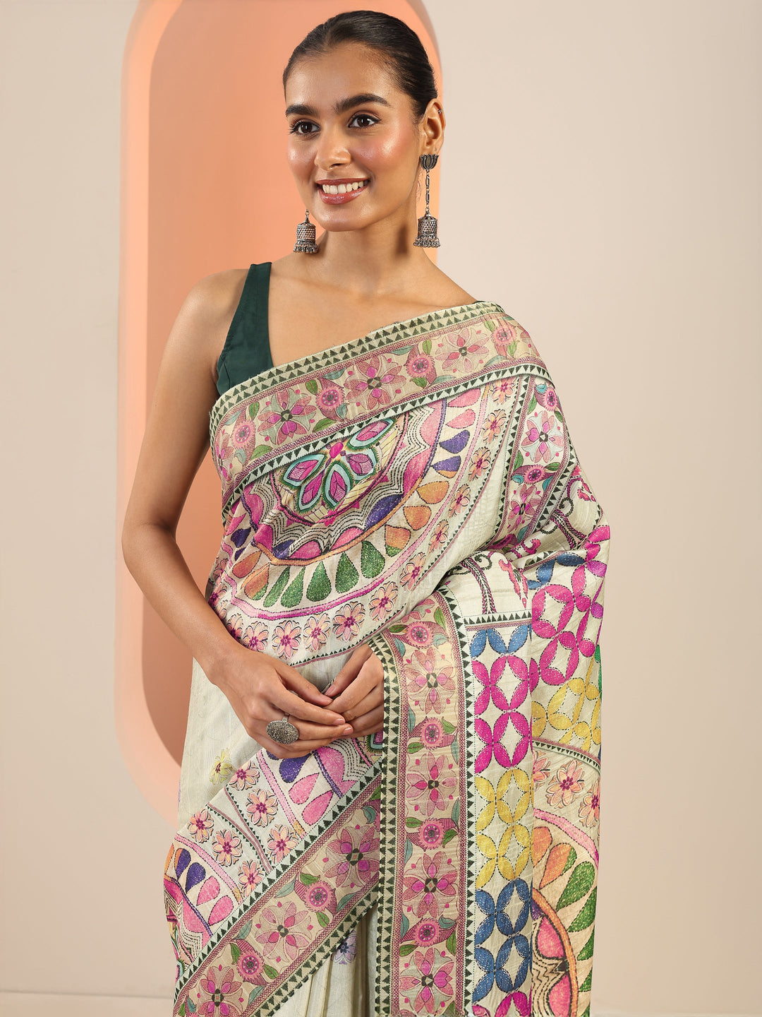  Multi Printed Silk Saree With Unstitched Blouse Piece 