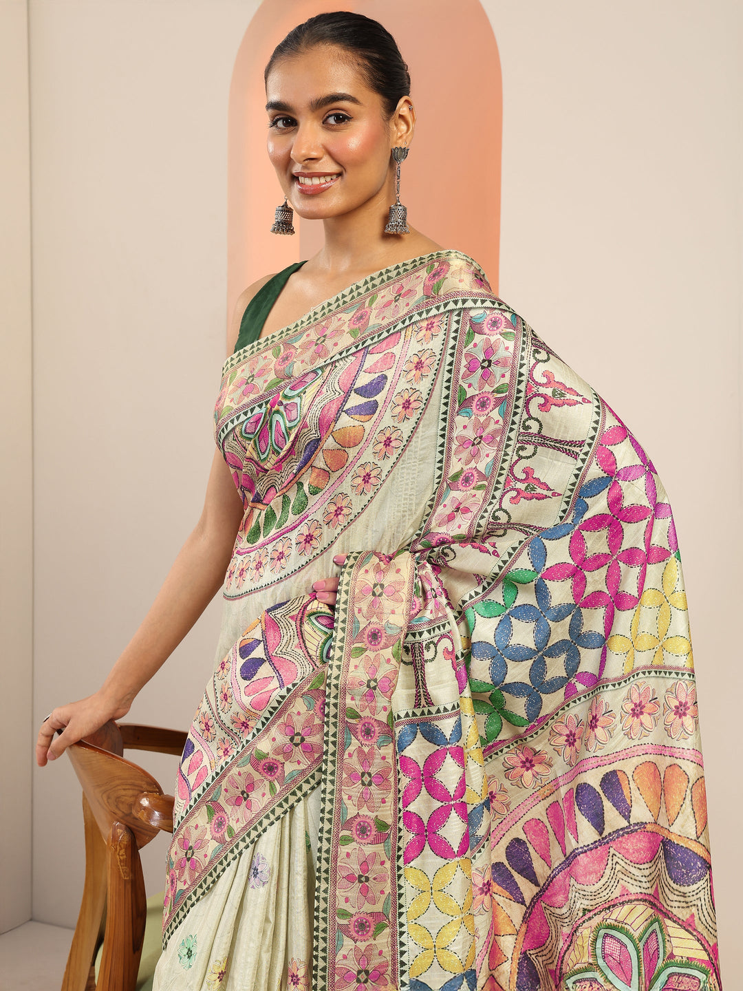  Multi Printed Silk Saree With Unstitched Blouse Piece 