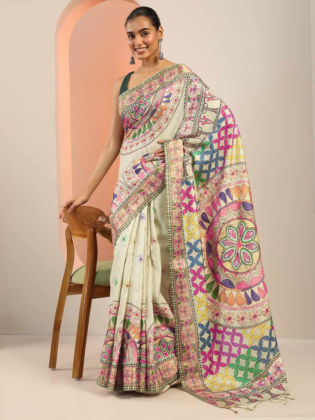 Multi Printed Silk Saree With Unstitched Blouse Piece 