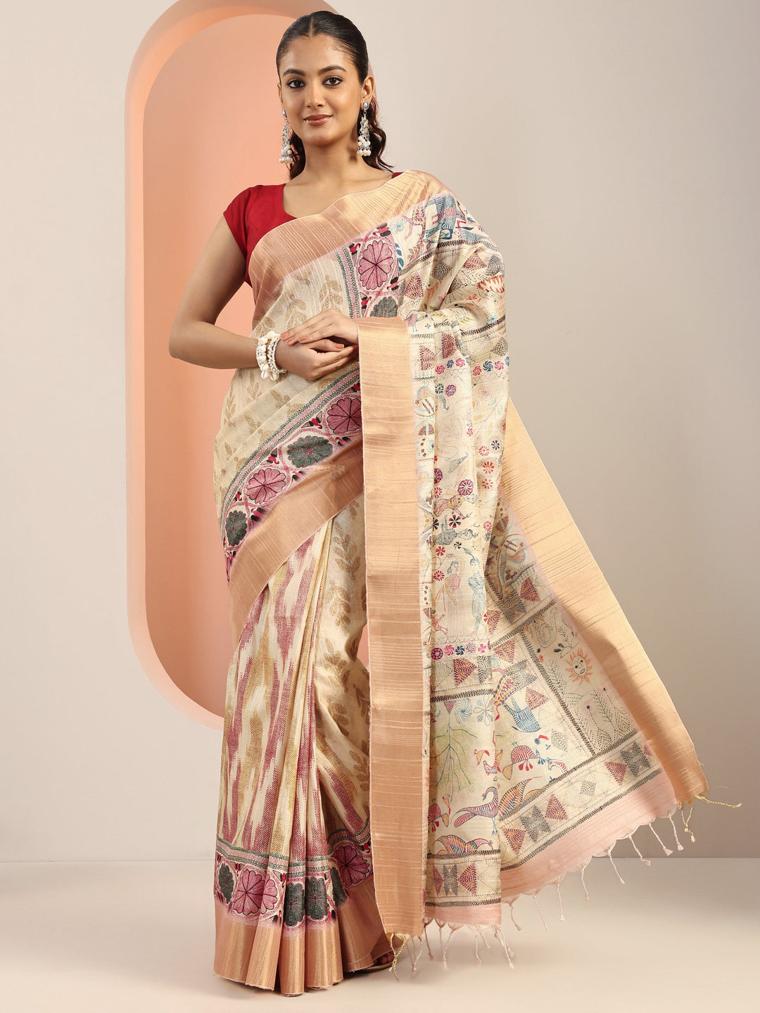  Off White Printed Silk Blend Saree With Unstitched Blouse Piece 