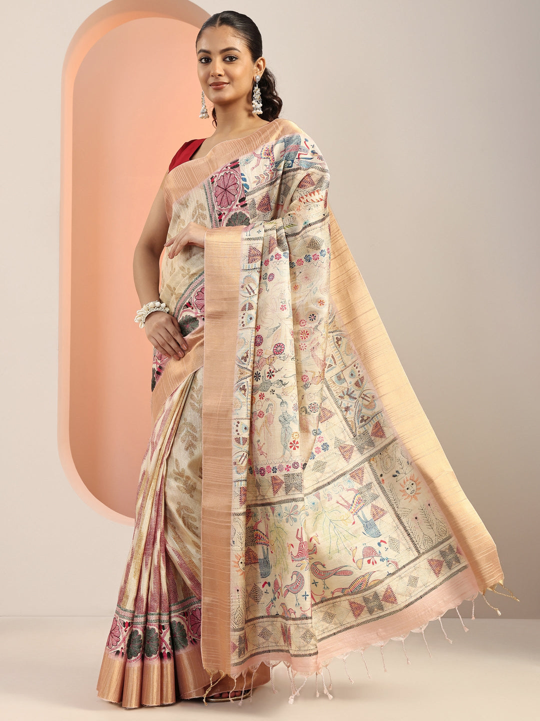  Off White Printed Silk Blend Saree With Unstitched Blouse Piece 