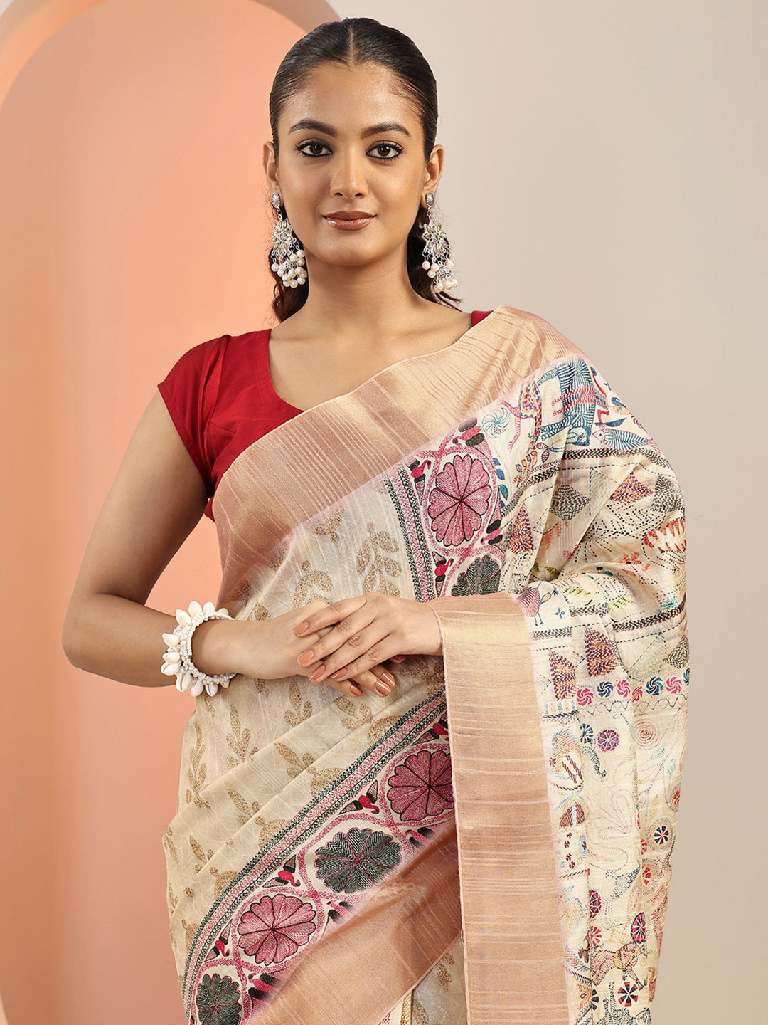  Off White Printed Silk Blend Saree With Unstitched Blouse Piece 