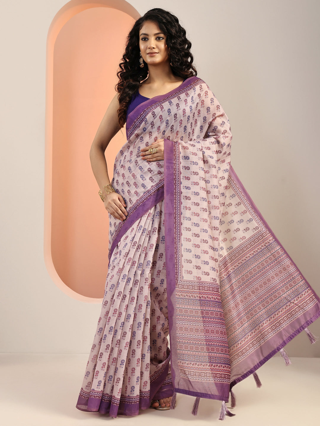  Mauve Printed Silk Blend Saree With Unstitched Blouse Piece 