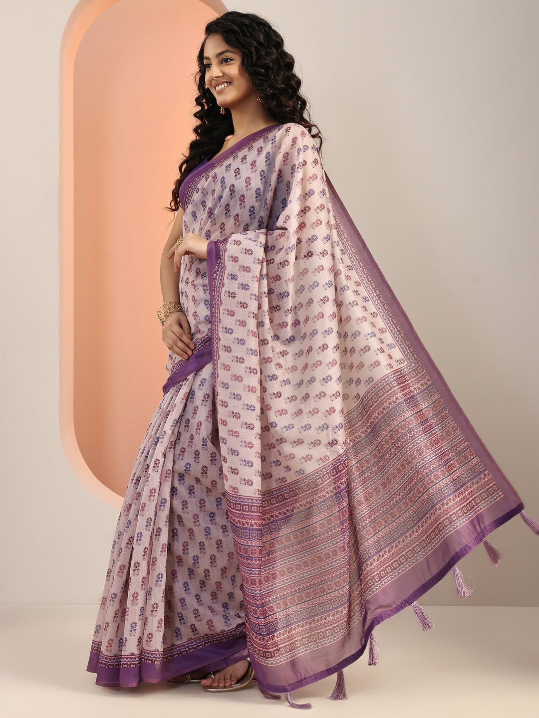  Mauve Printed Silk Blend Saree With Unstitched Blouse Piece 