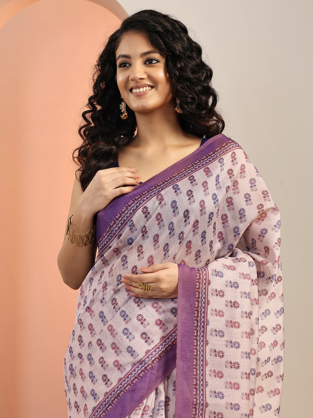  Mauve Printed Silk Blend Saree With Unstitched Blouse Piece 