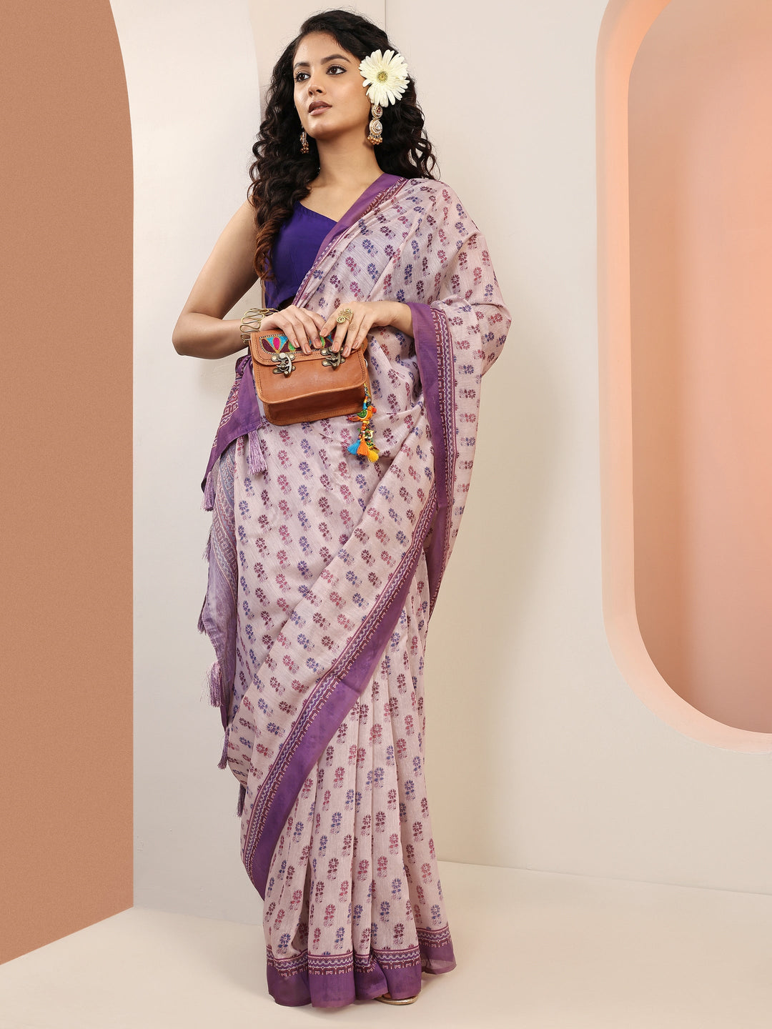  Mauve Printed Silk Blend Saree With Unstitched Blouse Piece 