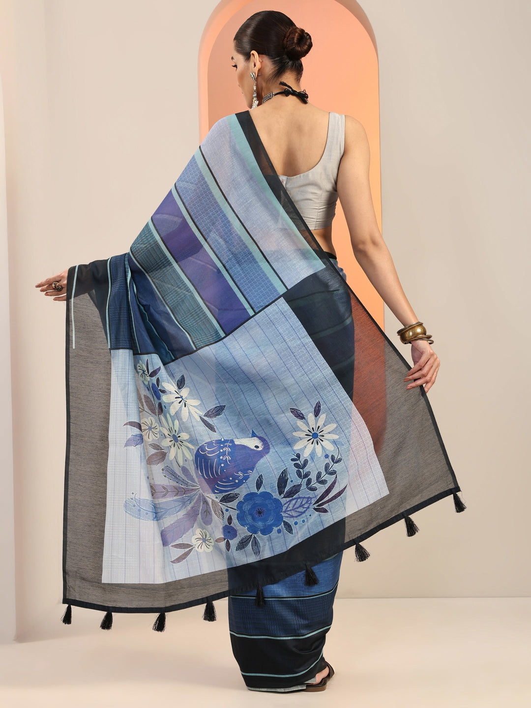  Blue Printed Silk Blend Saree With Unstitched Blouse Piece 