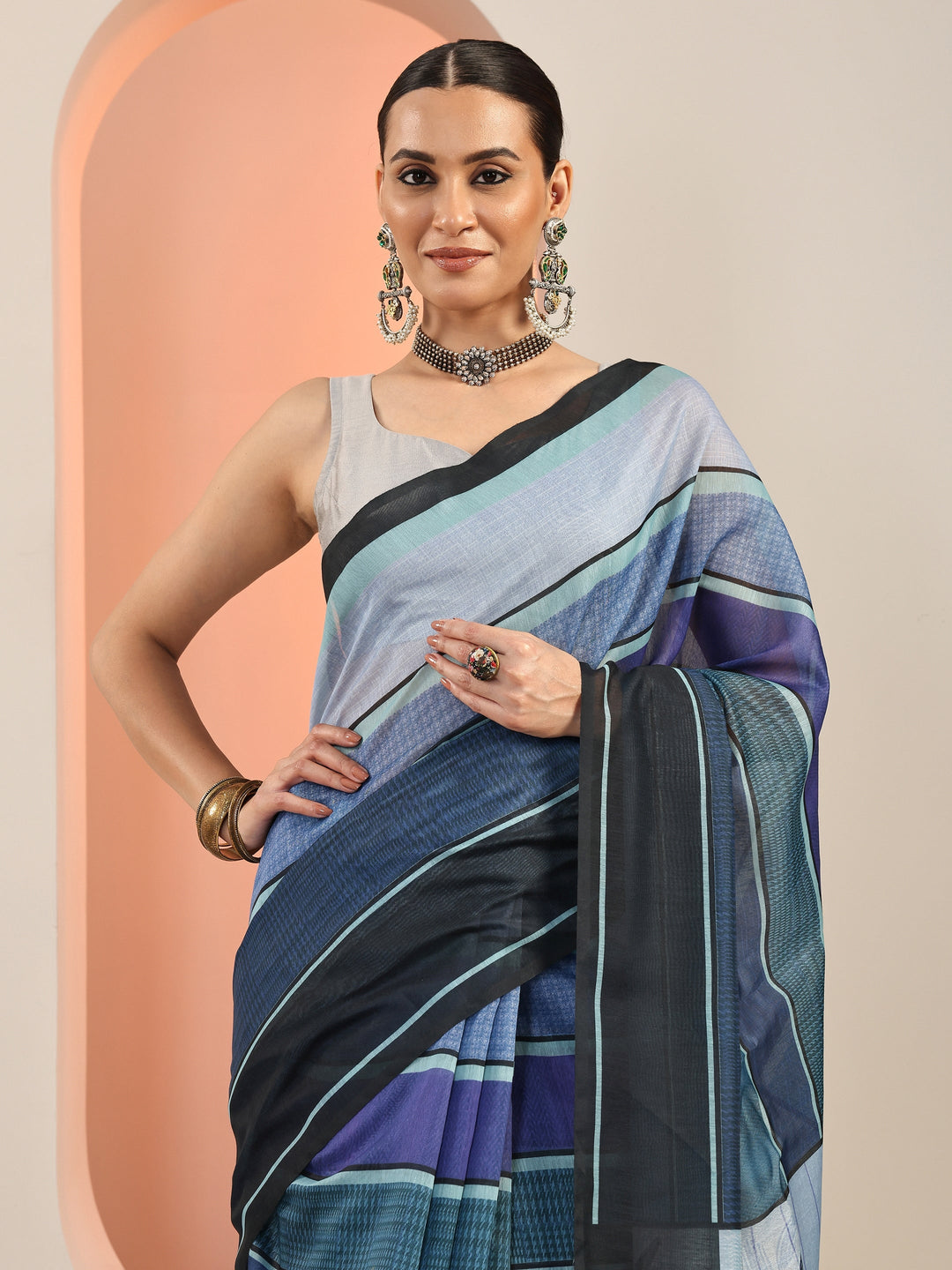  Blue Printed Silk Blend Saree With Unstitched Blouse Piece 