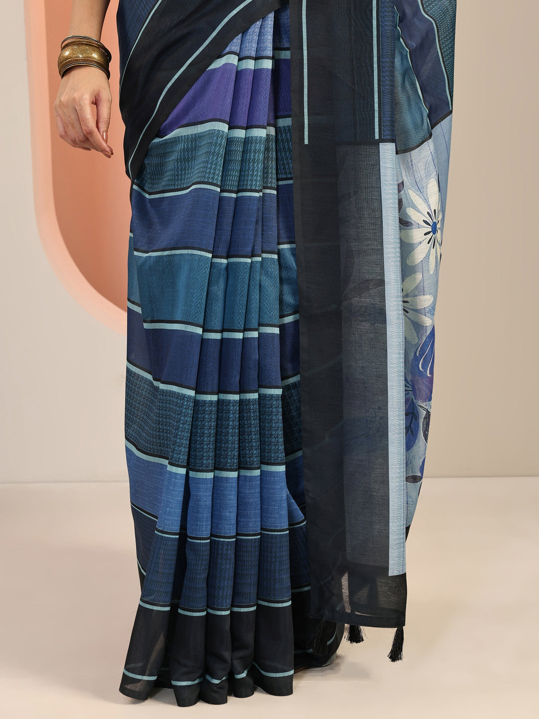  Blue Printed Silk Blend Saree With Unstitched Blouse Piece 
