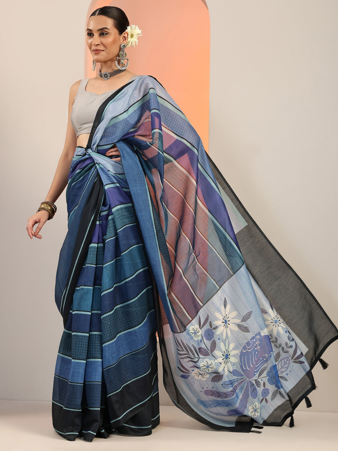  Blue Printed Silk Blend Saree With Unstitched Blouse Piece 