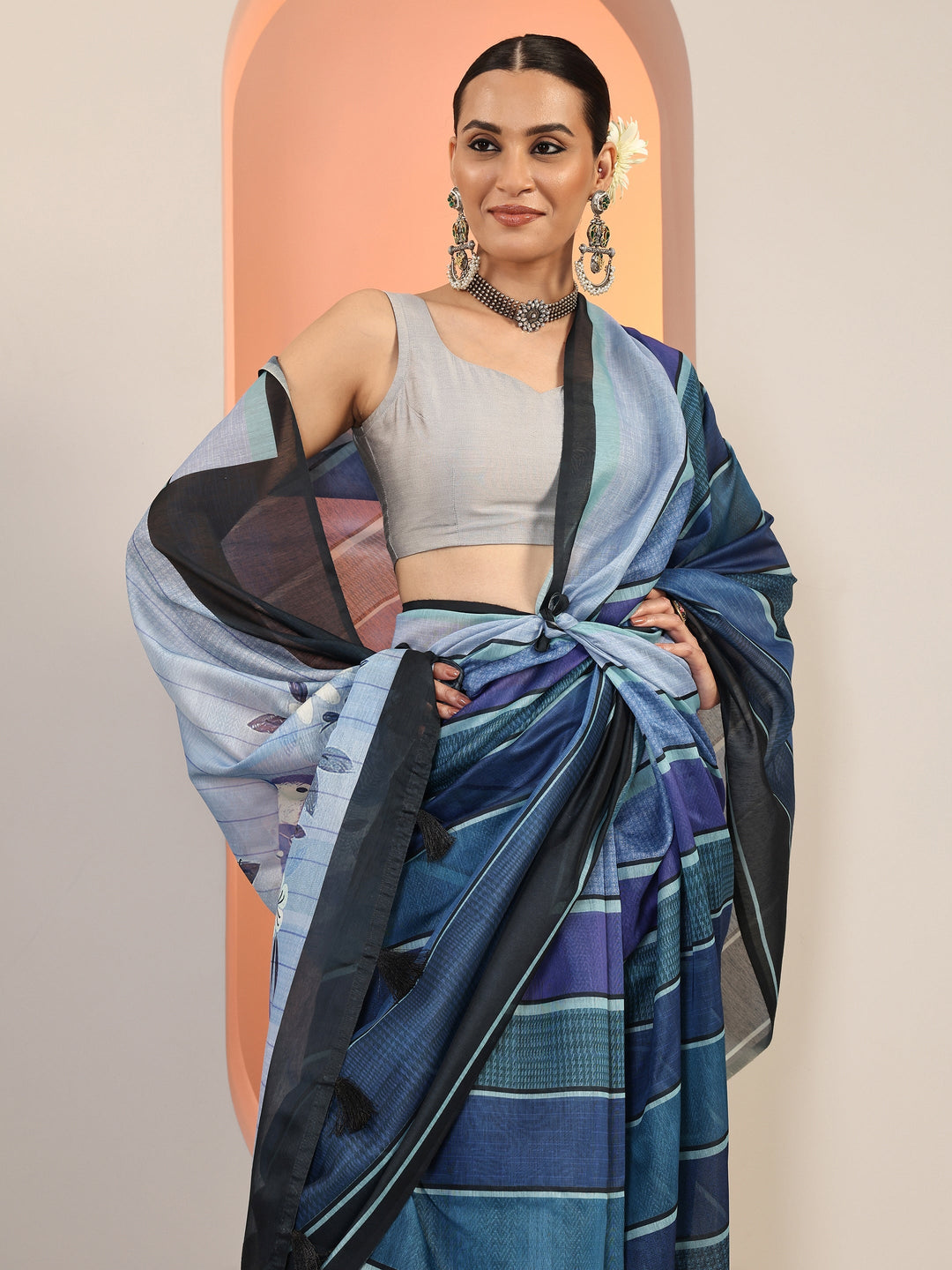  Blue Printed Silk Blend Saree With Unstitched Blouse Piece 