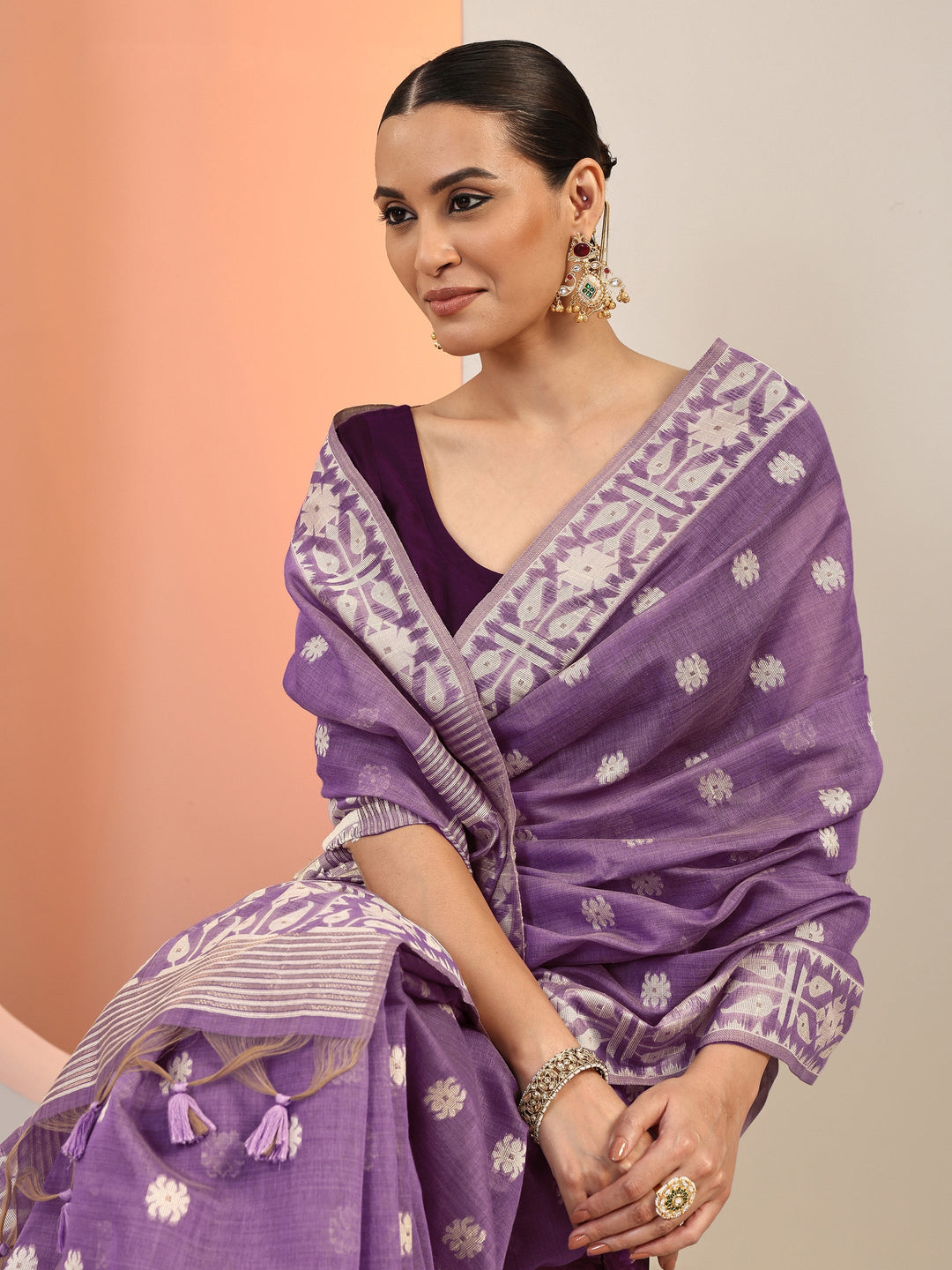  Lavender Woven Cotton Blend Saree With Unstitched Blouse Piece 
