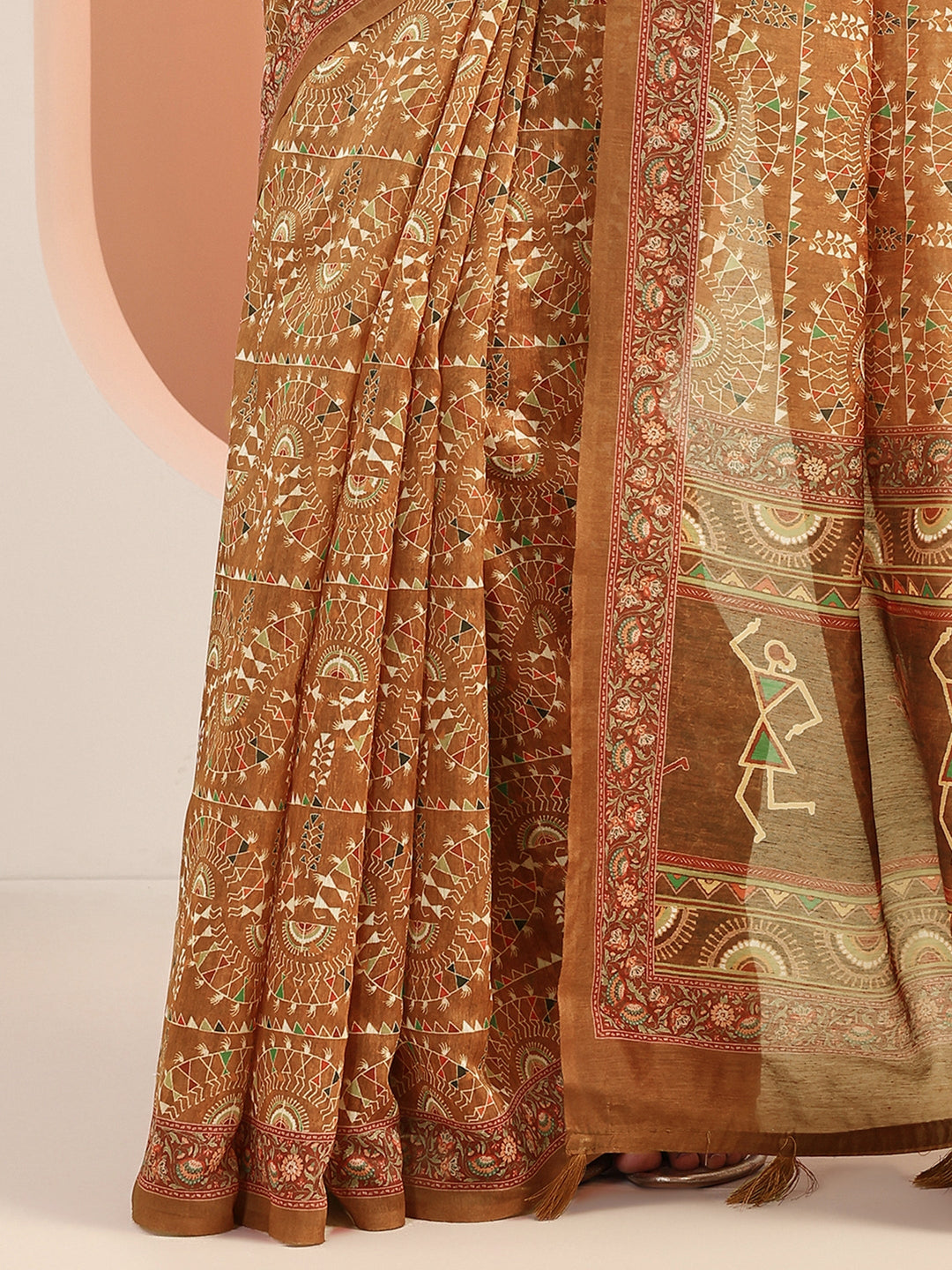  Brown Printed Silk Blend Saree With Unstitched Blouse Piece 