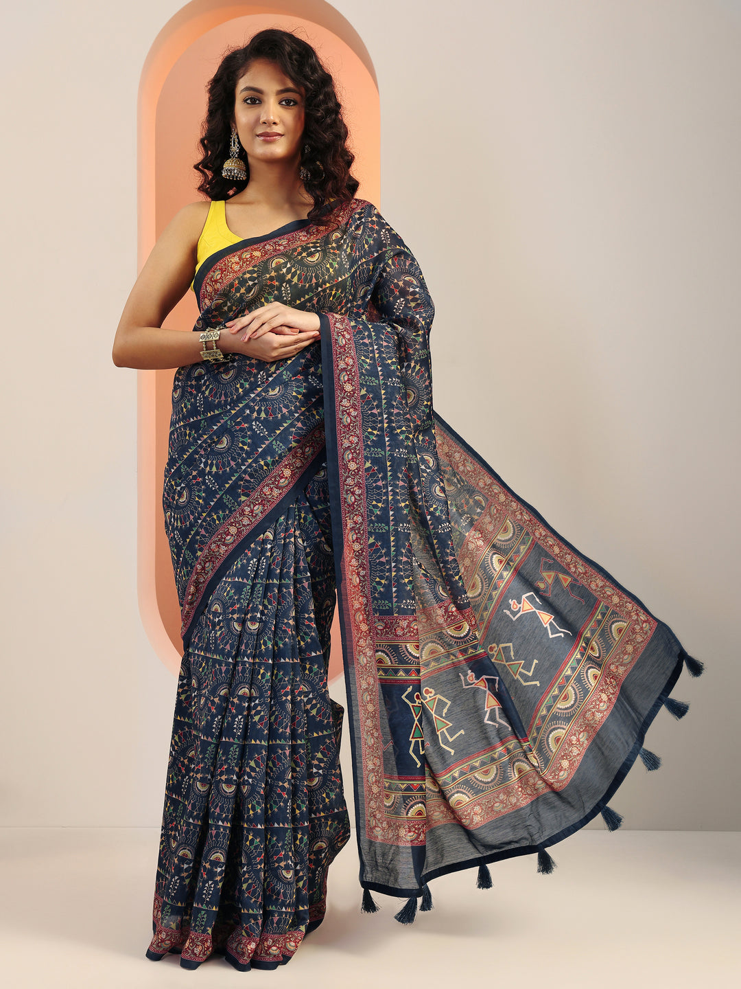  Navy Blue Printed Silk Blend Sarees With Unstitched Blouse Piece 