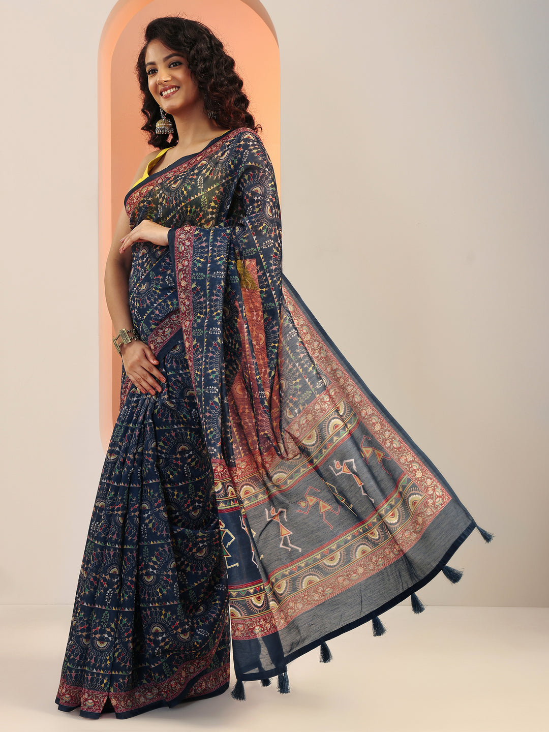  Navy Blue Printed Silk Blend Sarees With Unstitched Blouse Piece 
