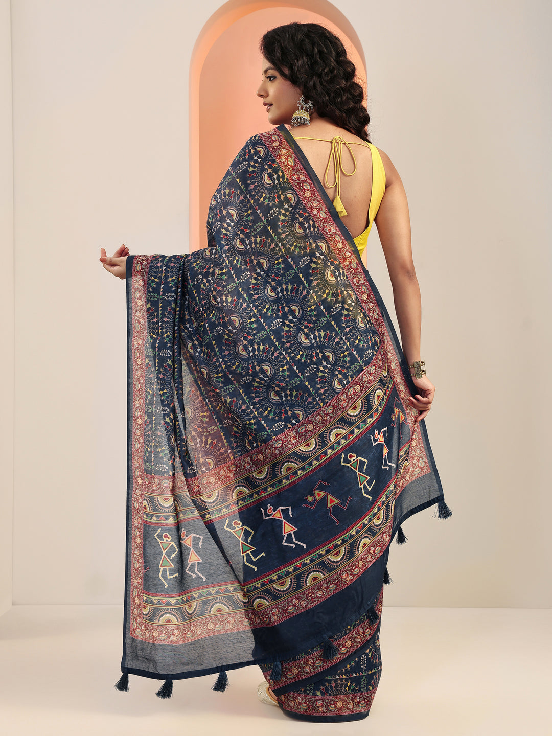  Navy Blue Printed Silk Blend Sarees With Unstitched Blouse Piece 