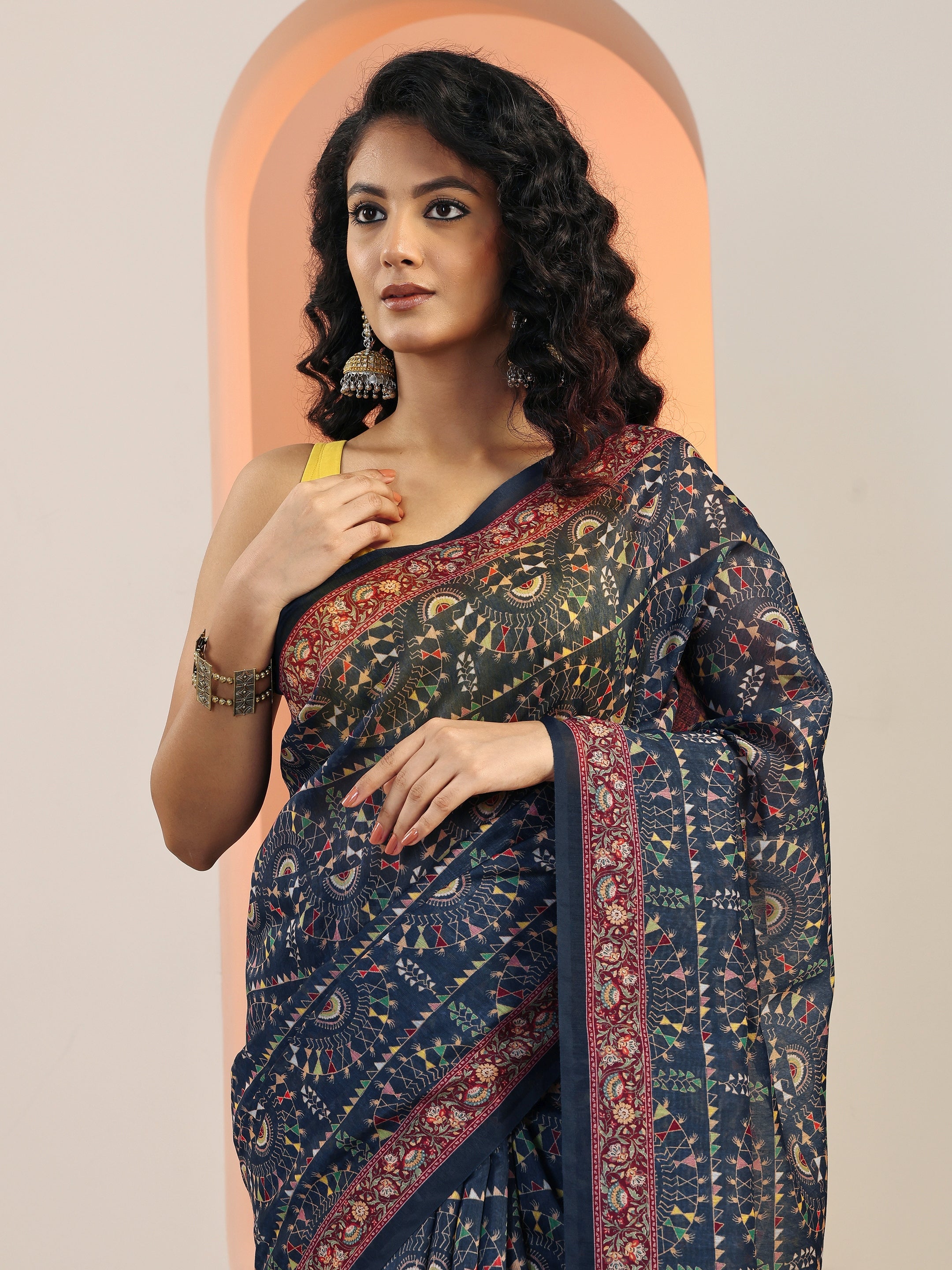libas Navy Blue Printed Silk Blend Saree With Unstitched Blouse Piece-picture-34