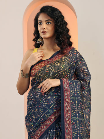 Navy Blue Printed Silk Blend Saree With Unstitched Blouse Piece