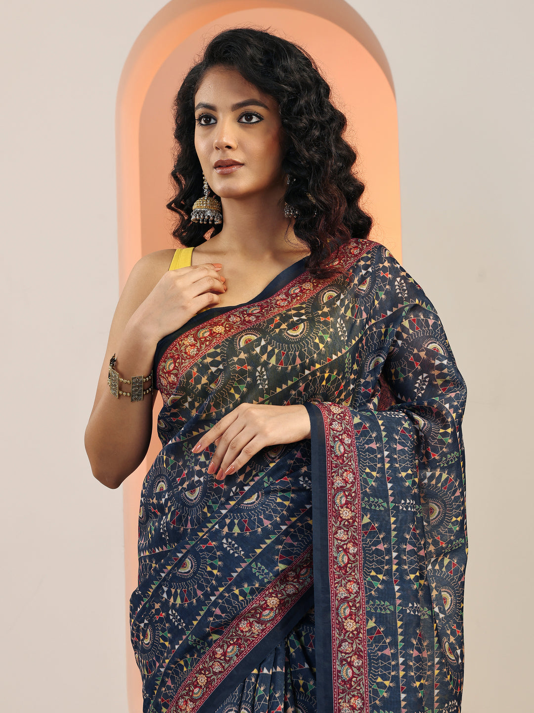  Navy Blue Printed Silk Blend Sarees With Unstitched Blouse Piece 