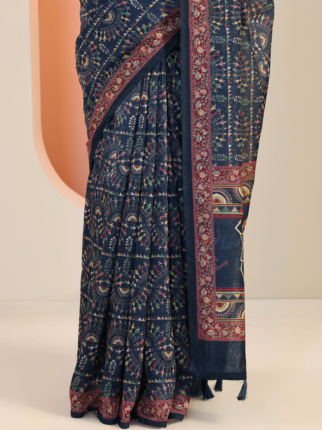  Navy Blue Printed Silk Blend Sarees With Unstitched Blouse Piece 