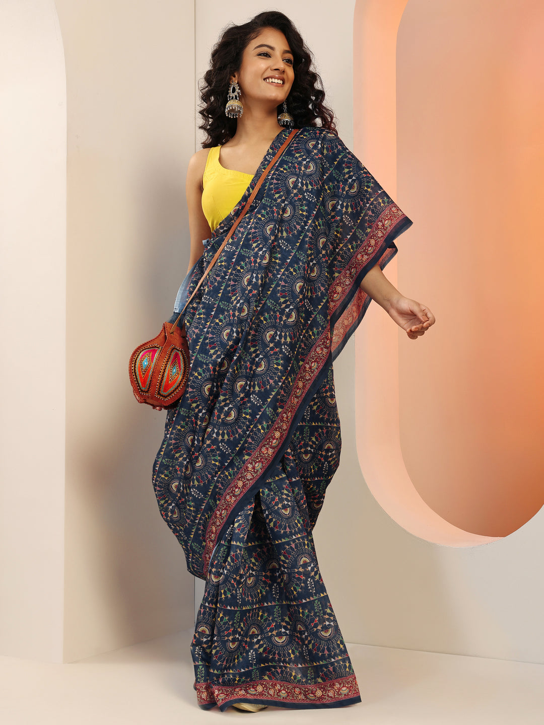  Navy Blue Printed Silk Blend Sarees With Unstitched Blouse Piece 