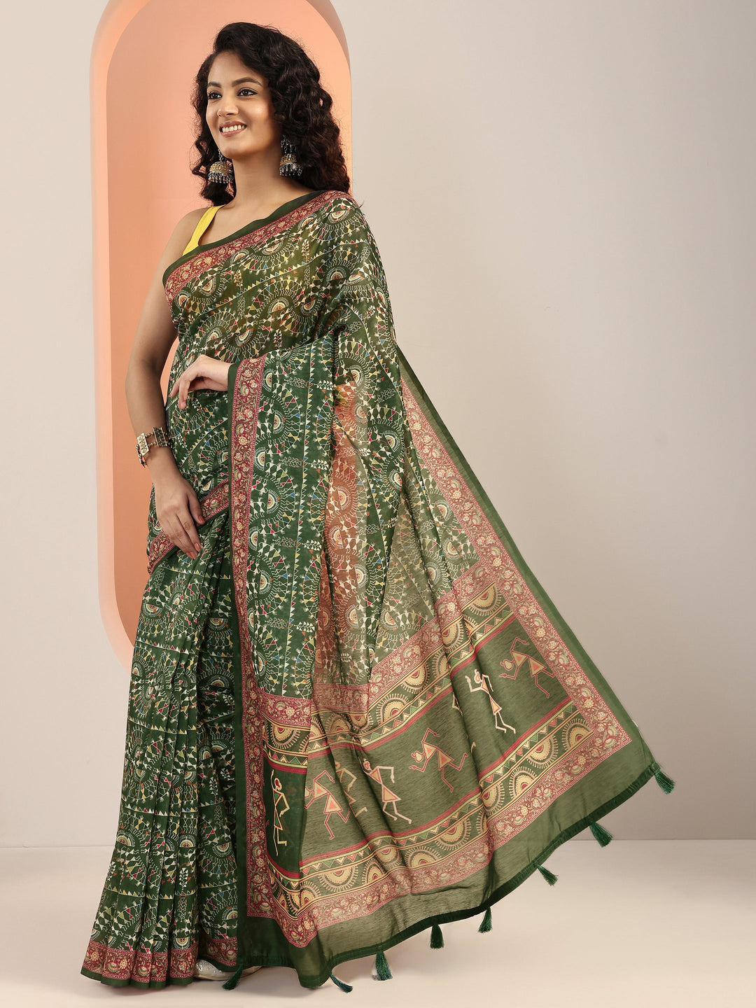  Green Printed Silk Blend Saree With Unstitched Blouse Piece 