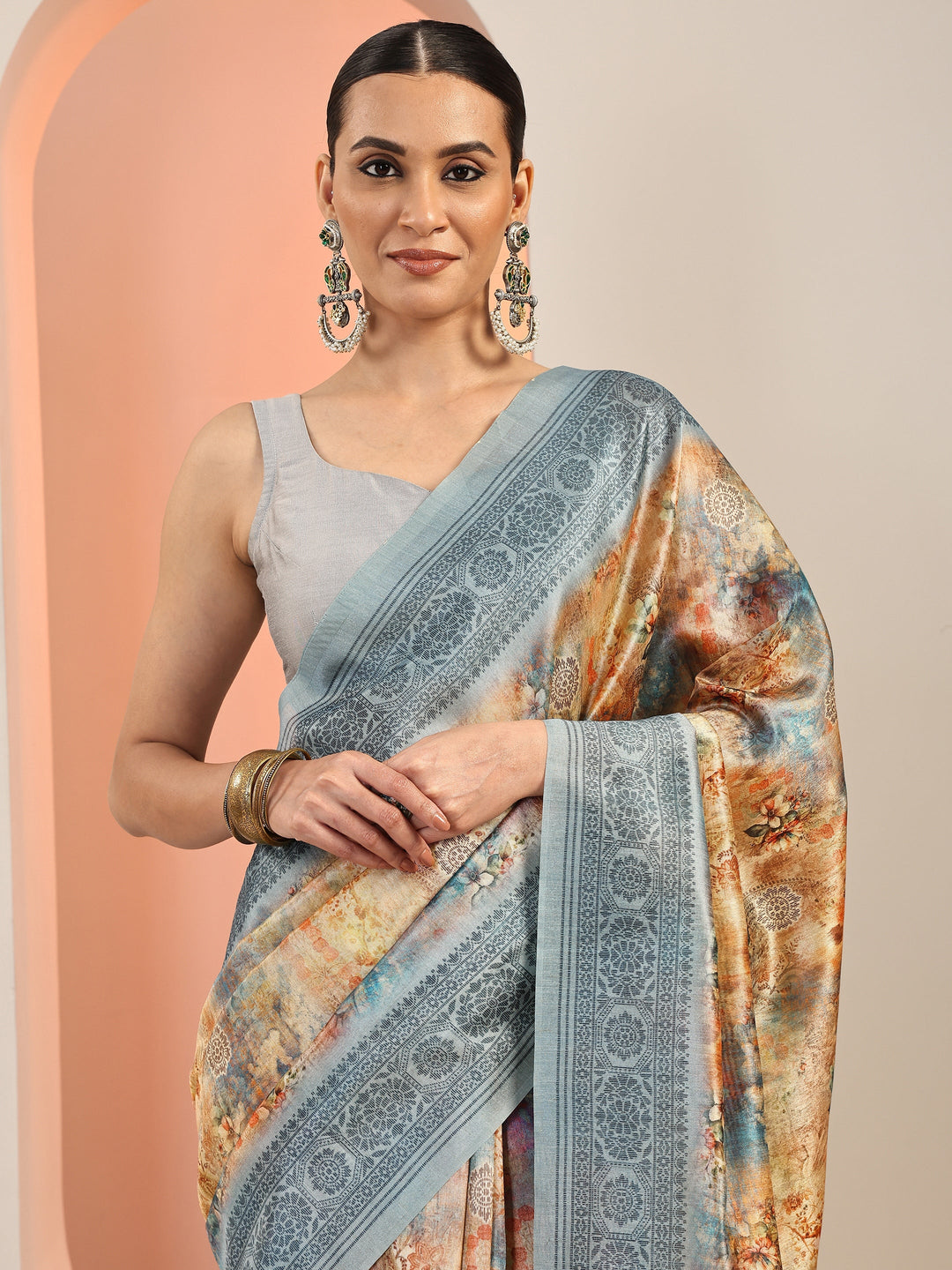  Blue Printed Silk Blend Saree With Unstitched Blouse Piece 