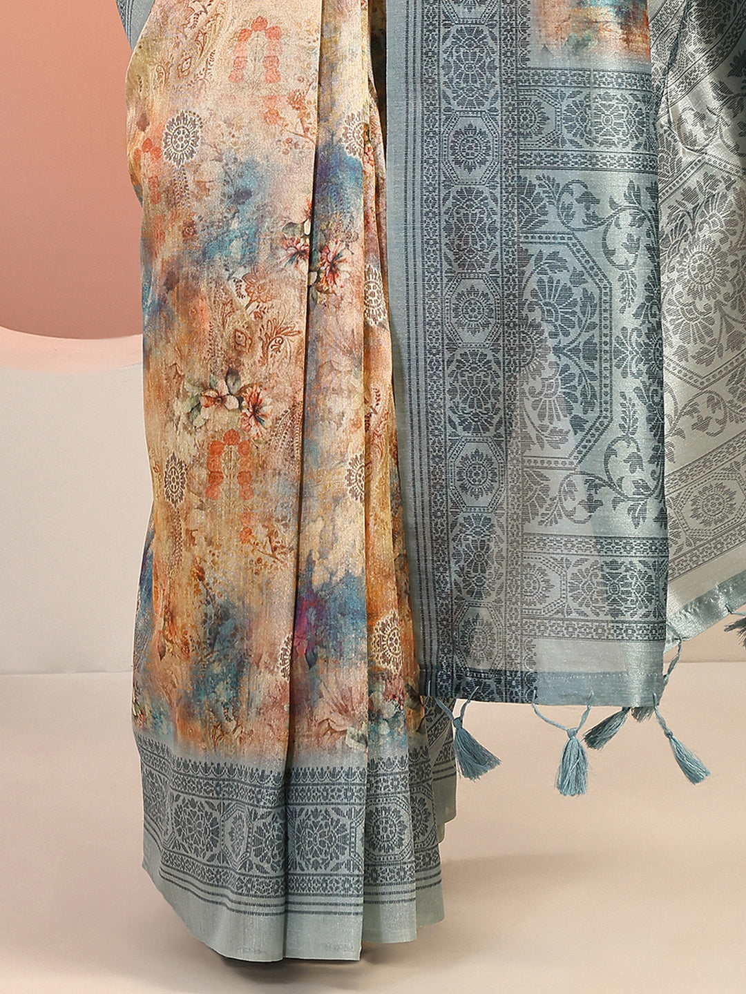  Blue Printed Silk Blend Saree With Unstitched Blouse Piece 